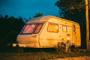 An old small white caravan.