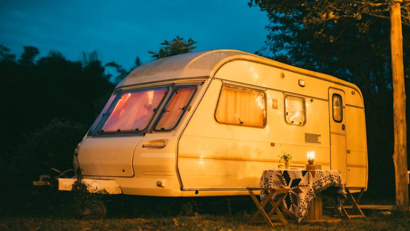 An old small white caravan.