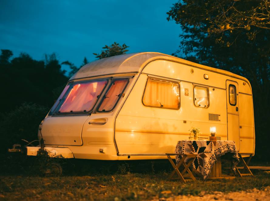 An old small white caravan.